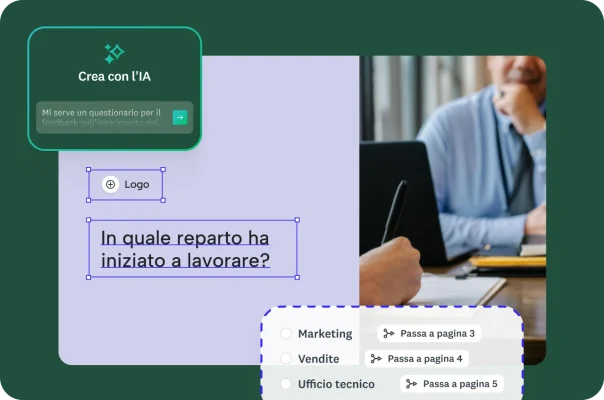 Foto di un colloquio con un dipendente, con un riquadro in sovrapposizione che mostra la logica di salto condizionale a seconda della risposta alla domanda "In quale reparto ha iniziato a lavorare?".
