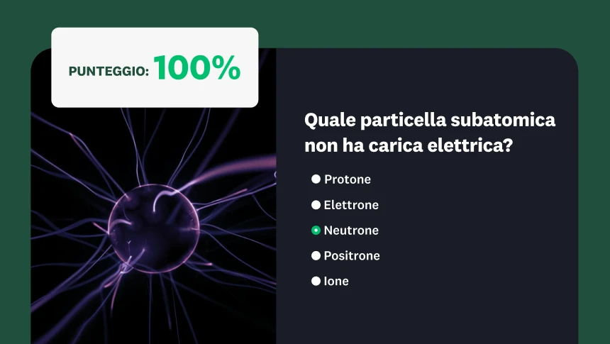Domanda a scelta multipla di un quiz scientifico sulle particelle subatomiche con sullo sfondo una sfera di plasma e un punteggio di 100%