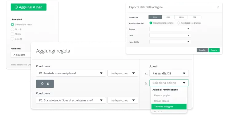 Schermata dell'esportazione dei dati dell'indagine e delle funzioni di logica di ramificazione di SurveyMonkey