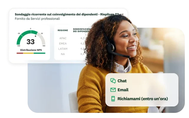 Donna che indossa le cuffie e guarda il computer, accanto ai risultati del riepilogo del sondaggio ricorrente del secondo trimestre sul coinvolgimento dei dipendenti, con NPS di 33