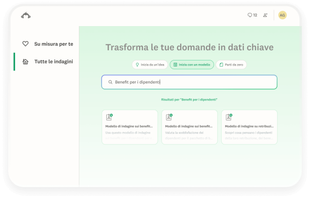 Interfaccia di SurveyMonkey con una barra di ricerca contenente il testo Benefit per i dipendenti. Sotto la barra, sono visualizzati i link di tre modelli di indagine come risultati della ricerca, tra cui il modello di indagine sui benefit per i dipendenti.