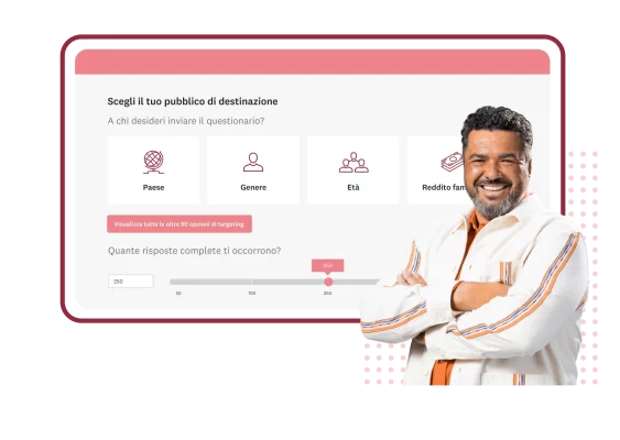 Schermata delle opzioni di targeting di SurveyMonkey Audience, come età, reddito familiare, genere, paese di residenza e numero di risposte