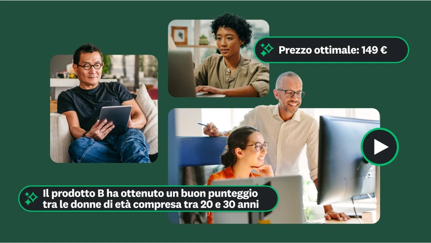 Foto di diverse persone che lavorano su laptop e tablet, con l'indicazione che il prezzo ottimale è di 149 € e che il prodotto B ha ottenuto un buon punteggio tra le donne di età compresa tra 20 e 30 anni