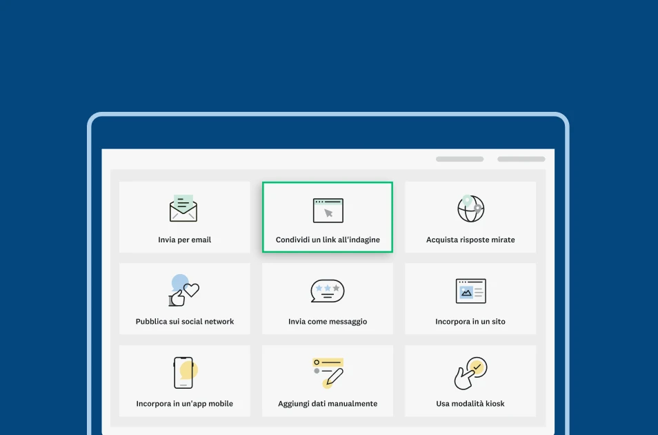 Schermata di una pagina di SurveyMonkey che mostra le diverse opzioni per condividere un'indagine