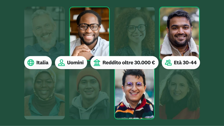Foto di persone diverse, accanto a un riquadro che riporta 800 risposte di uomini residenti in Italia con un reddito superiore a 30.000 euro e di età compresa tra 30 e 44 anni