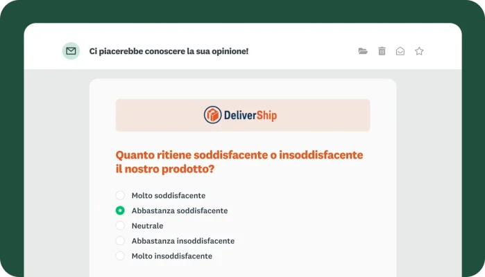 Anteprima di un'email con una domanda di questionario sulla soddisfazione per i prodotti DeliverShip incorporata nel messaggio.