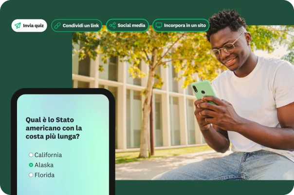 Uomo sorridente al cellulare con sovrapposta una domanda di un quiz di geografia su dispositivo mobile e le opzioni per condividere il quiz.