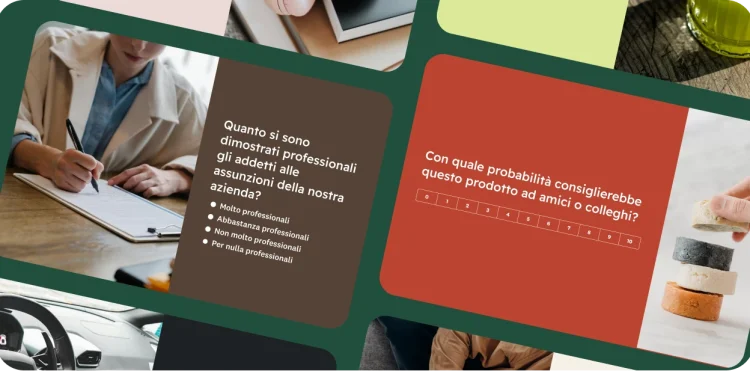 Immagine raffigurante due modelli di questionario: uno chiede quanto si sono dimostrati professionali gli addetti alle assunzioni di un'azienda, l'altro con quale probabilità si consiglierebbe un prodotto ad amici o colleghi.