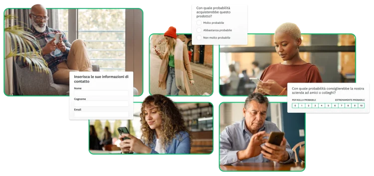 Foto di diverse persone che guardano il proprio cellulare, con accanto schermate di domande di indagine