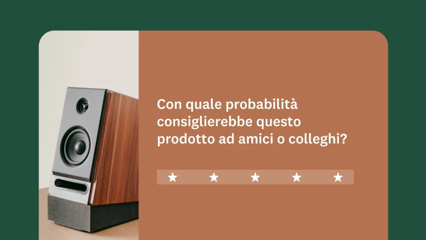Immagine di un altoparlante con la domanda che chiede di esprimere la probabilità di consigliare il prodotto e l'opzione di valutazione a cinque stelle.