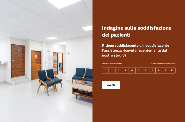 Sondaggio sulla soddisfazione dei pazienti con la domanda "Ritiene soddisfacente o insoddisfacente l'assistenza ricevuta recentemente dal nostro studio?" Accanto è visualizzata la foto della sala d'attesa vuota di uno studio medico.