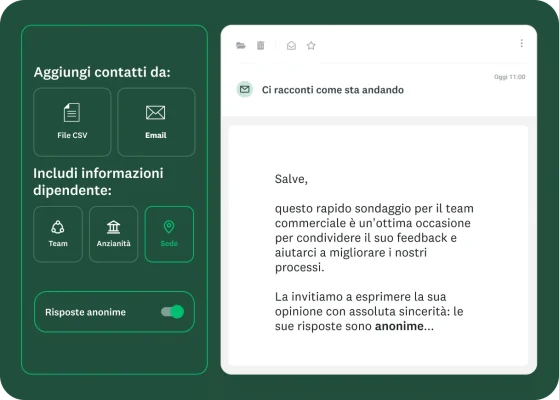 Schermata con le opzioni per distribuire il sondaggio via email ai contatti a partire da un file CSV o un account email, con icone per includere informazioni sui dipendenti come Team, Anzianità e Sede, e un interruttore per attivare le risposte anonime.