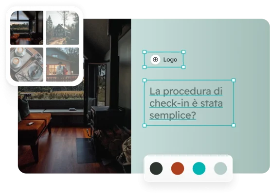 Foto dell'interno di una stanza d'hotel con in sovrapposizione opzioni di progettazione del sondaggio, come scelta del logo, collage di immagini, tavolozza dei colori, e una domanda sulla procedura di check-in.