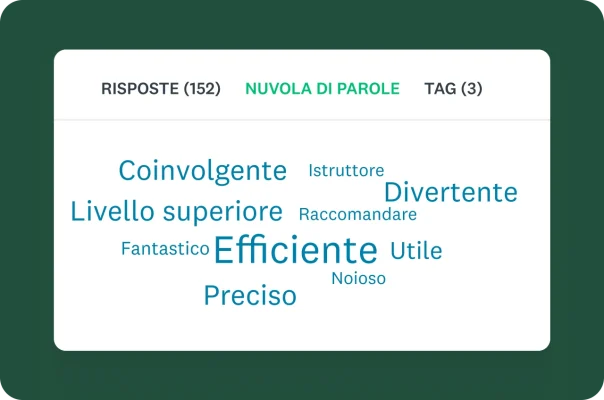 Una grafica con una nuvola di parole in cui compaiono i termini principali delle risposte di un'indagine, con le parole "utile" e "preciso" scritti con carattere più grande per indicare la loro maggiore frequenza.