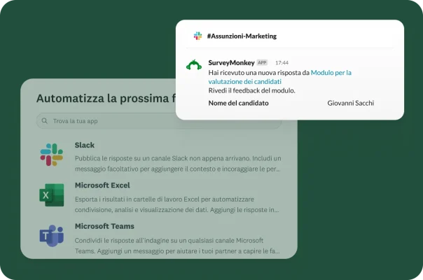 Una schermata che mostra una notifica Slack di SurveyMonkey relativa a una nuova risposta in un modulo. Sotto, un menu che mostra le opzioni di integrazione con Slack, Microsoft Excel e Microsoft Teams.