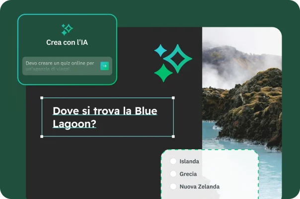 Immagine della Blue Lagoon con in sovraimpressione una domanda di un quiz sui viaggi e un prompt dell'IA per creare un quiz.