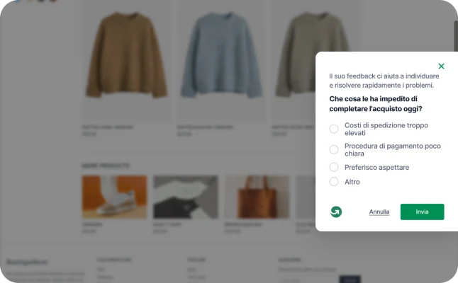 Pagina di un sito di e-commerce con un sondaggio GetFeedback attivato automaticamente all'uscita dell'utente dalla pagina, in cui viene chiesto il motivo dell'abbandono senza acquisto