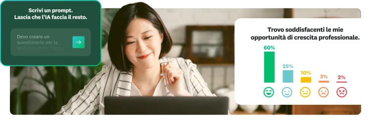 Donna seduta alla scrivania che guarda lo schermo del laptop con un riquadro con un prompt per l'IA e un altro con il grafico di un sondaggio.