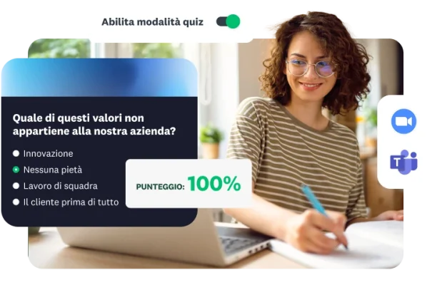 Donna che lavora al laptop con un riquadro in sovrapposizione che mostra una domanda sui valori aziendali in modalità quiz e un punteggio del 100%.