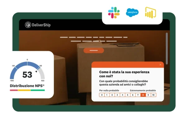 Immagine di un sito web con le scatole di DeliverShip, con un sondaggio pop-up per il feedback dei clienti, un grafico che mostra i dati NPS e i logo delle integrazioni.