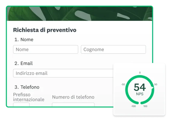 Schermata di SurveyMonkey con il modulo di richiesta preventivo e un punteggio NPS