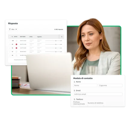 Donna seduta a una scrivania che usa il portatile, con schermate di SurveyMonkey che la circondano