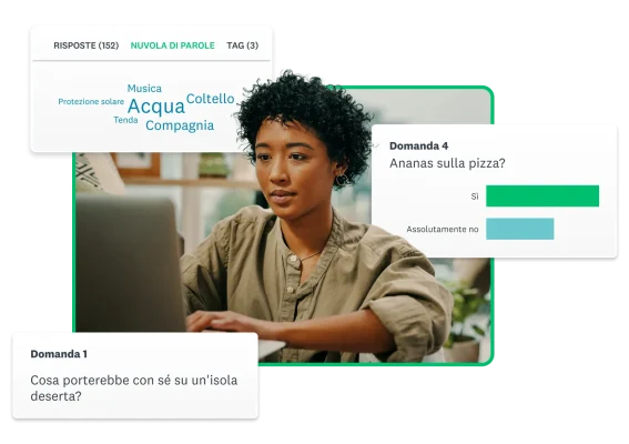 Donna al computer con screenshot delle domande di un sondaggio intorno a lei