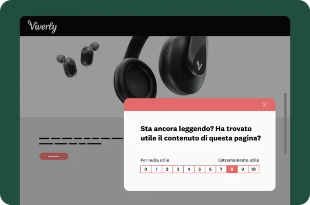 La pagina di un sito web con le cuffie Viverly e un sondaggio popup che chiede di valutare l'utilità del contenuto della pagina.