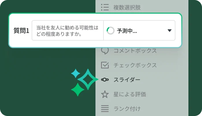 「当社を友人に薦める可能性はどの程度ありますか」というアンケート質問の背景に、「複数選択肢」・「チェックボックス」・「スライダー」といった質問タイプを一覧したメニュー。ロード中であることを示す「予測中...」というアニメーションが表示されている。