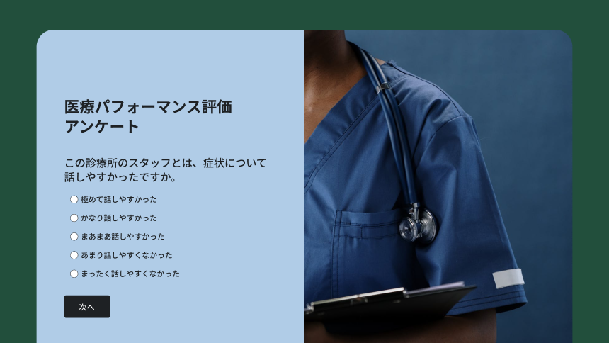 スタッフと話しやすかったかを尋ねる質問を表示した「医療パフォーマンス評価テンプレート」。その隣に、スクラブ姿で聴診器を首にかけ、クリップボードを手にした医療従事者の写真。