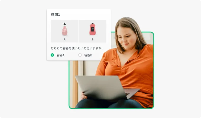 パッケージ テスト アンケートでAとBの選択肢のどちらかを選んでいる女性