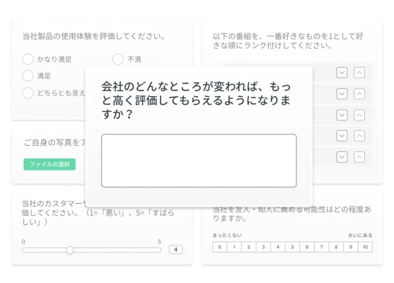 さまざまな種類のアンケート質問の製品スクリーンショット。