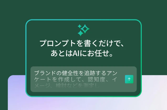 「プロンプトを書くだけで、あとはAIにお任せ」というタイトルの緑のボックスのグラフィック。「ブランドの健全性を追跡するアンケートを作成して、認知度、イメージ、検討などを測定し...」というプロンプトのサンプルが読みとれる。