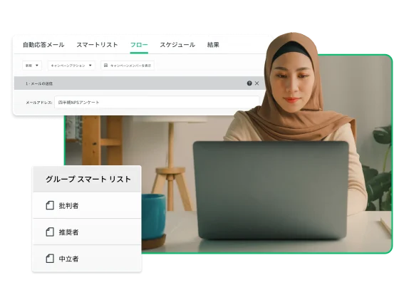 ノートパソコンで作業をしている女性の隣に、アンケート送信用グループ スマート リストのスクリーンショット