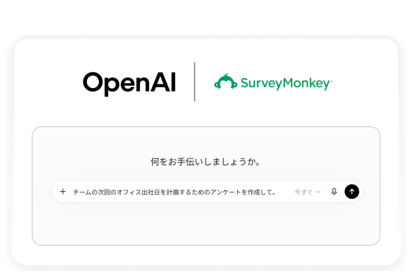 チャットのプロンプト「チームの次回のオフィス出社日を計画するためのアンケートを作成して」の上に、OpenAIとSurveyMonkeyのロゴがある。