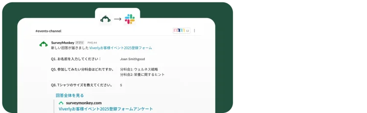 SurveyMonkeyからの「#event-channel」のSlack通知で、「Viverlyお客様イベント2025」への新規登録が表示されている。通知には、参加者の名前、選択した分科会、Tシャツのサイズが記載されている。