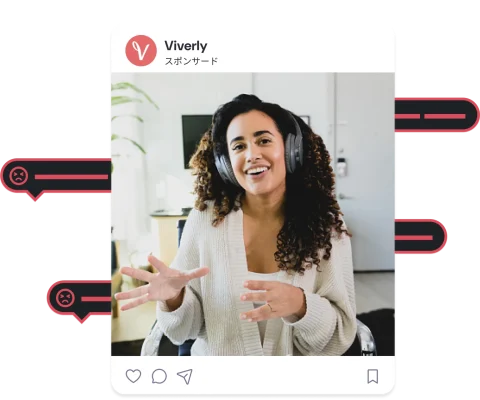 Instagramに投稿された、チャットバブルの周りでヘッドフォンを着用している笑顔の女性のスクリーンショット
