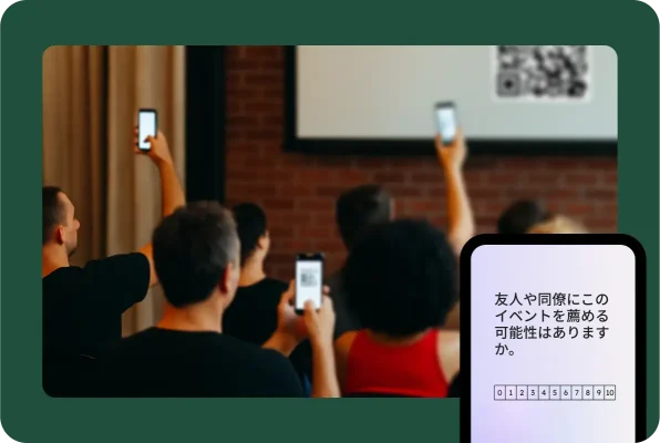 スライドに写ったQRコードをスマホでスキャンしている人々と、イベントを友人や同僚に薦める可能性がどの程度あるかを聞くアンケート質問