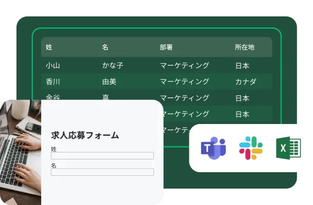 「求人応募フォーム」の隣に応募者の氏名・部署・勤務地を一覧した表、その下にMicrosoft Teams・Slack・Excelのロゴ