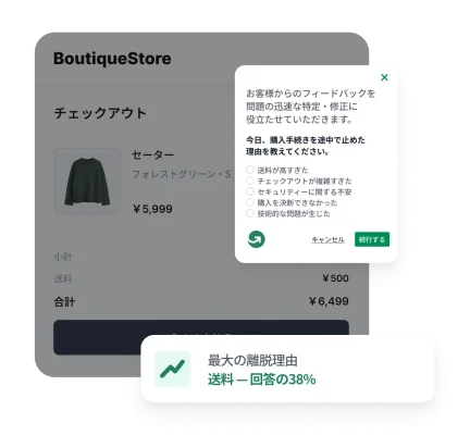 GetFeedbackのカゴ落ちアンケートを重ね合わせたネット通販のチェックアウトページ。カゴ落ちの理由のトップは送料(38%)。