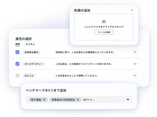 広告テストソリューションの操作手順のスクリーンショット。広告画像をアップロードし、比較評価したい属性を選択して、最大5つのベンチマークを追加できる