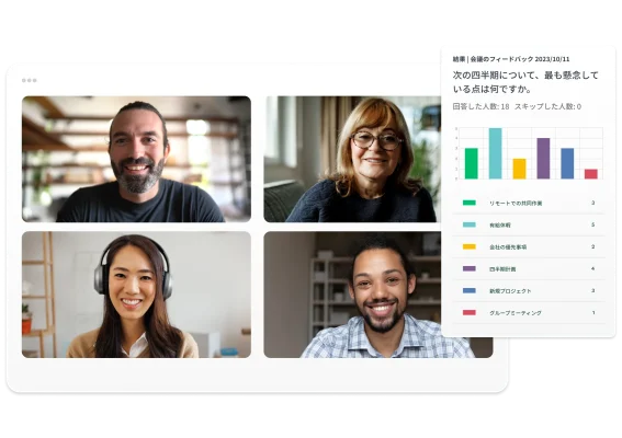 4人が参加するオンライン会議の画面と、会議のフィードバック投票の製品画像