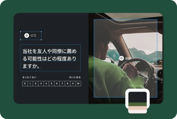 会社を友人や同僚に薦める可能性がどの程度あるかを聞くNPS質問を表示したアンケート作成画面と、車を運転している人の写真