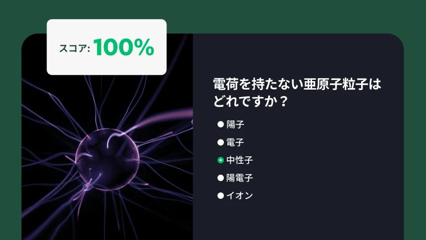 プラズマボールを背景とした亜原子粒子に関する科学クイズ問題と、100%のスコア。