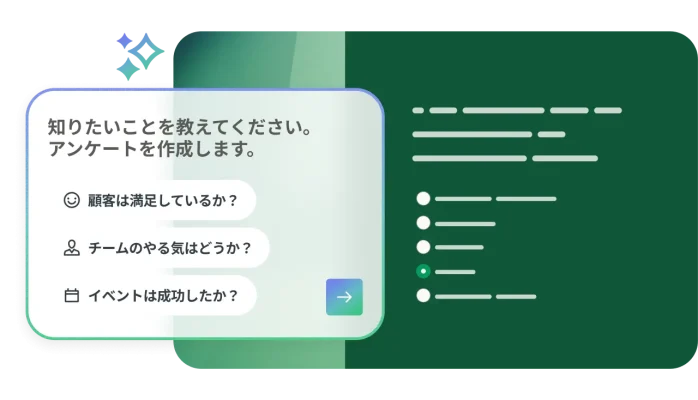 AIアンケートビルダーの、顧客満足度、チームのやる気、イベントの成功のプロンプトオプションが提示されたプロンプトウィンドウの隣に、生成されたアンケートフォームのモックアップが表示されている
