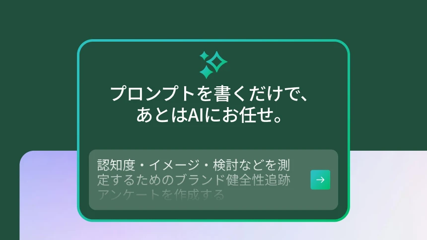 「プロンプトを書くだけで、あとはAIにお任せ」というモーダルに入力された、「認知度・イメージ・検討などを測定するためのブランド健全性追跡アンケートを作成してください」というプロンプト