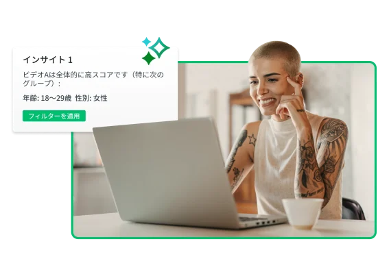 ノートパソコンの画面を見ながら微笑む女性の隣に、動画Aが18~29歳の女性に高く評価されていることを示すインサイト