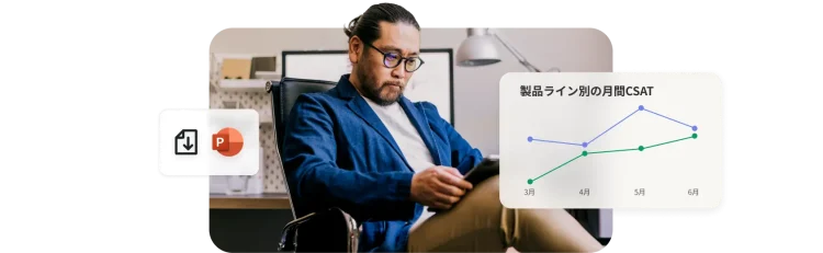製品満足度の月別の推移を示すCSAT分析ダッシュボードと、PowerPointへのエクスポートオプション