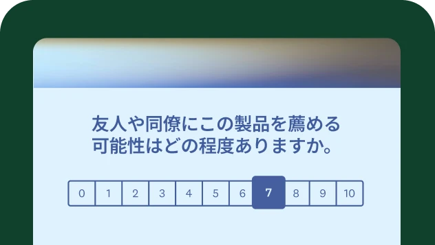 この製品を友人または同僚に薦める可能性がどの程度あるかを聞くアンケート質問