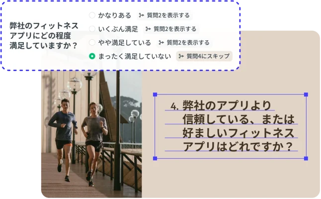 「質問4へスキップ」への経路を示すアンケートロジック。ユーザーが現在のフィットネスアプリに「まったく満足していない」と答えた場合、競合他社について質問している。